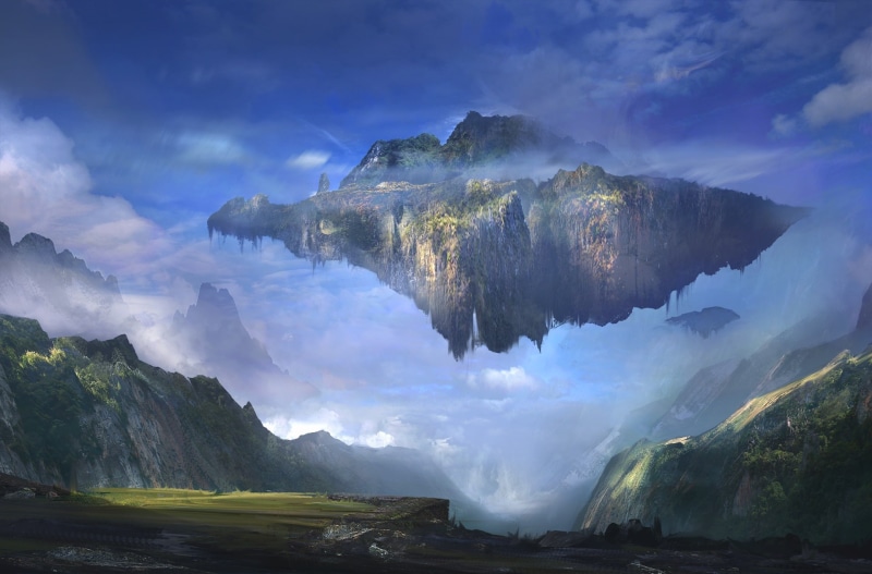 flying, 1080P, art, island, mountains, Sergey Zabelin, landscape
