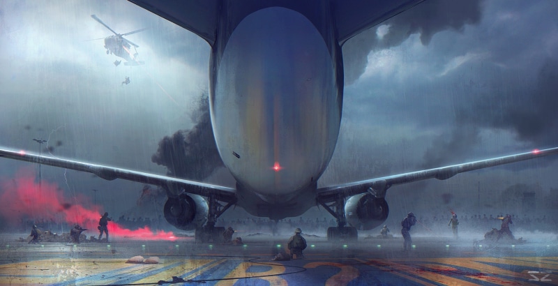 digital art, 1080P, Sergey Zabelin, airplane, zombies, airfield, war, artwork