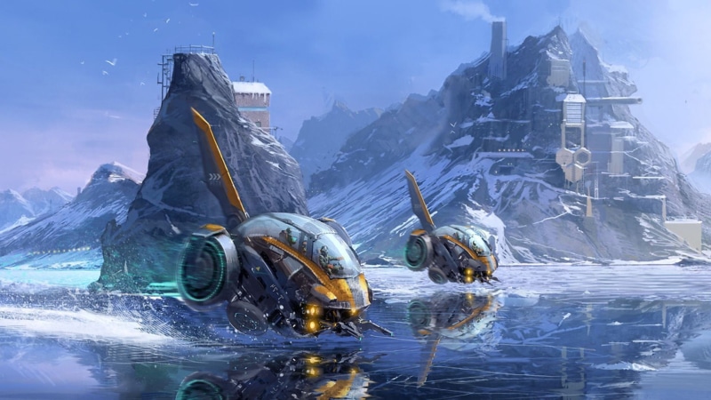 snow, futuristic, winter, concept art, sky, scenics - nature, architecture, artwork, landscape, planet, digital, cold temperature, mountain range