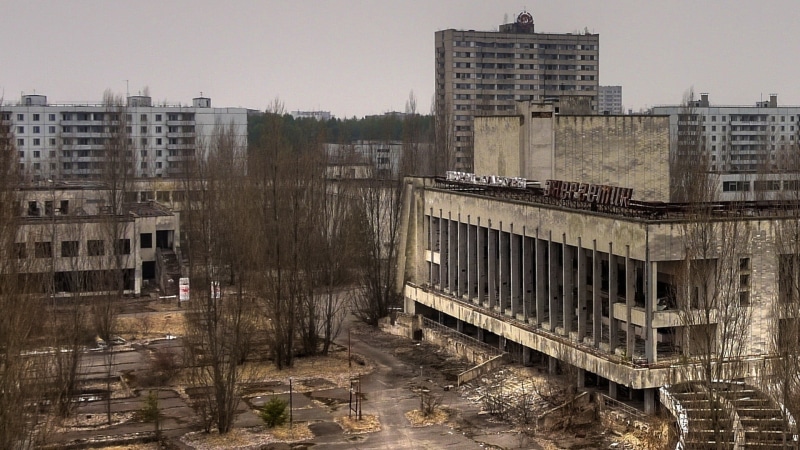 buildings, tree, high angle view, Chernobyl, plant, building exterior, gray, water, 1080P, day, building, abandoned, mode of transportation, nature, sky