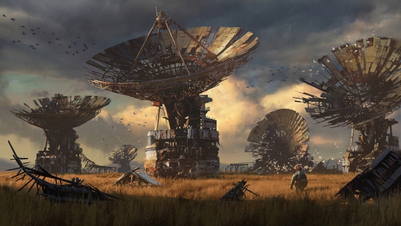 apocalyptic, sky, sunset, communication, cloud - sky, concept art, technology, satellite dish, telecommunications equipment, antenna - aerial, science