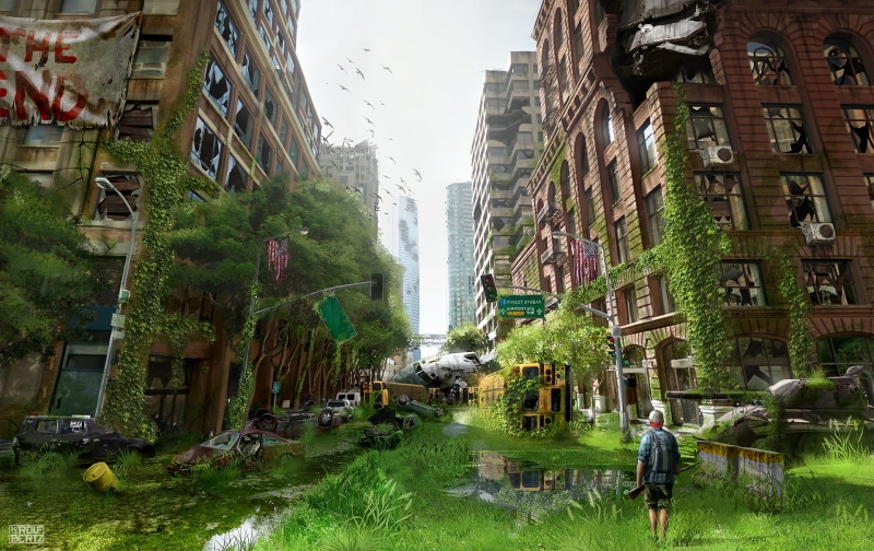 men, street, building, Post Apocalyptic, transportation, leisure activity, residential district, nature, real people, skyscraper, day, plant, built structure