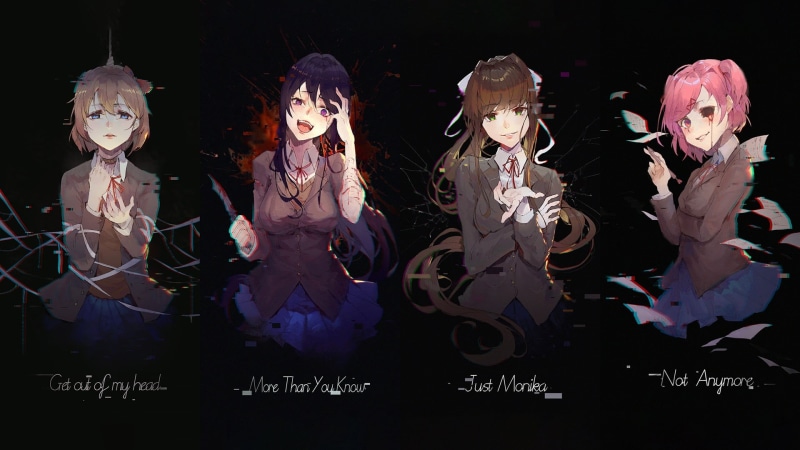 creativity, bone, female, human representation, spooky, arts culture and entertainment, costume, fear, clothing, Monika (Doki Doki Literature Club), indoors