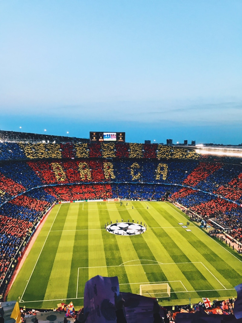 team sport, stadium, high angle view, FC Barcelona, day, outdoors, group of people, soccer clubs, Camp Nou, large group of people, competition, architecture