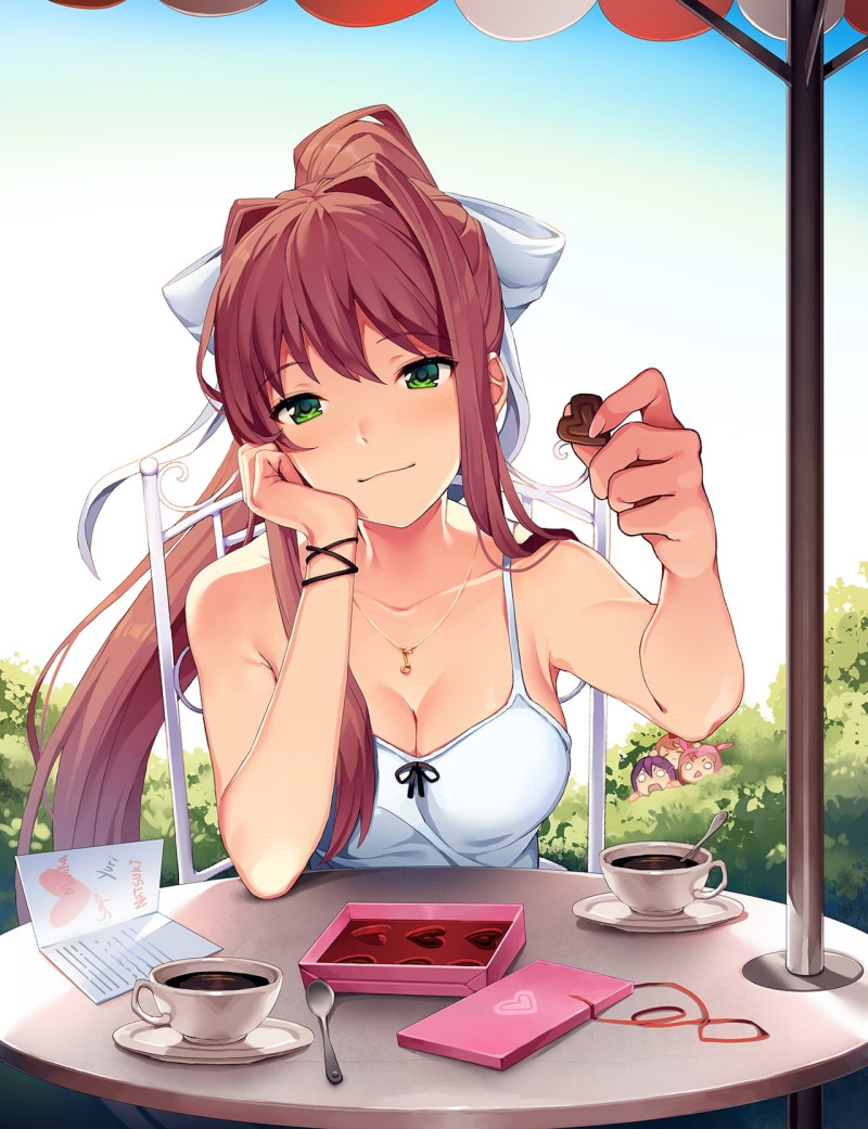 720P, anime girls, business, plant, Monika (Doki Doki Literature Club), one person, table, drink, fruit, fork, cup, sky, food and drink, communication