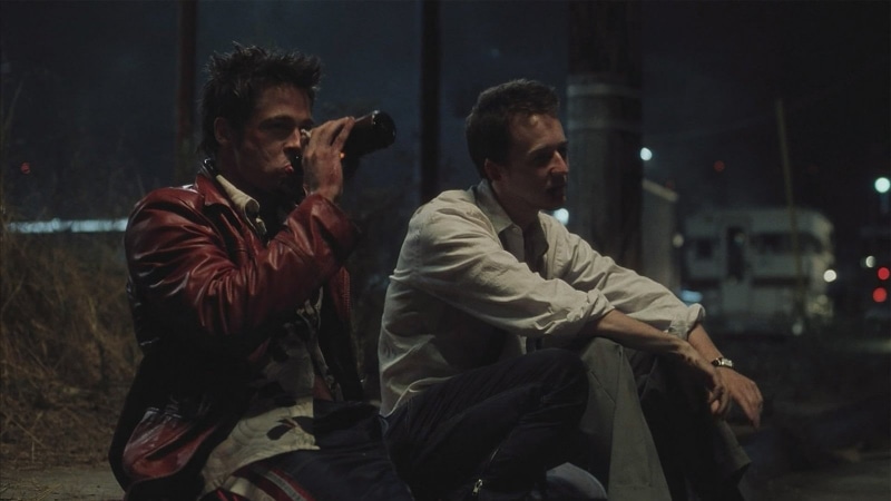 long, shirts, aggression, s, Fight Club, people, Movie, sitting, men, social issues, looking away, lifestyles, two, warning sign, Edward Norton, night