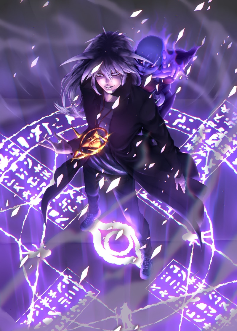 digital composite, yu-gi-oh duel monsters, spell, arts culture and entertainment, adult, music, night, technology, yami bakura, illuminated, 2K, dark necrofear