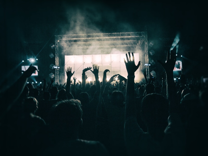 rock concert, crowd silhouette, illuminated, fun, excitement, young, people dancing, happy, large Group Of People, dance, 4K, popular Music Concert, enjoyment