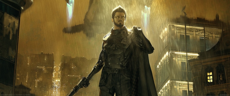Deus Ex: Mankind Divided, weapon, Deus Ex, cyberpunk, building exterior, city, nature, government, art and craft, ultrawide, front view, 2K, gun, illuminated