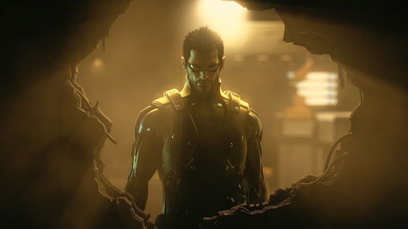 night, focus on foreground, protection, video games, back lit, cyberpunk, illuminated, waist up, portrait, mask, man, suit, black, security, Deus Ex, obscured face