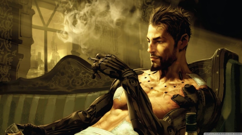 indoors, metal, video games, cyberpunk, males, futuristic, leaning, looking away, front view, Deus Ex, adult, young adult, Adam Jensen, real people