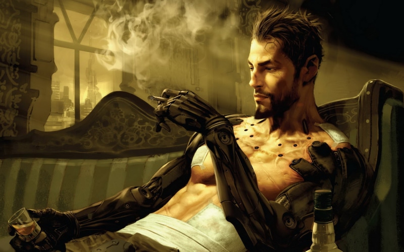 2K, science fiction, futuristic, cyberpunk, Deus Ex: Human Revolution, Adam Jensen, Deus Ex, men, bionics, alcohol, video games