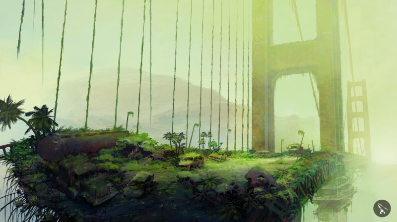 tree, architecture, no people, green color, sky, golden, apocalyptic, nature, metal, state, transportation, Truck, built structure, grass, artwork, Golden Gate Bridge