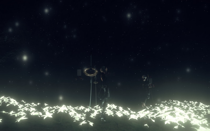 9S (Nier: Automata), Gravity, Nier: Automata, cave, futuristic, love, sea, bound, glowing, 2K, flowers, ruins, alone, black, Mystery, dystopic, lights