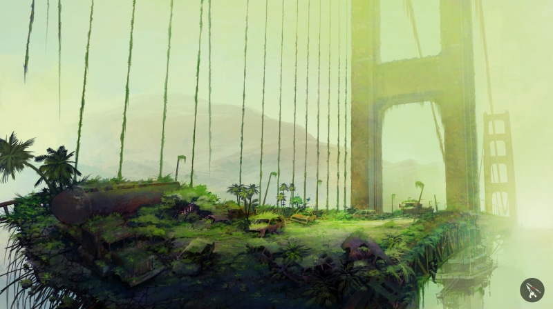 Truck, dystopic, forest, apocalyptic, futuristic, artwork, 5K, Golden Gate Bridge, green, nature