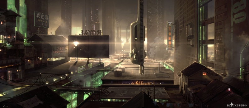 pub, futuristic, outdoors, bullet holes, smoke, tower, dusk, artwork, dawn, sunset, billboards, sunlight, 4K, neon, desolate, empty, mist, building, sunrise
