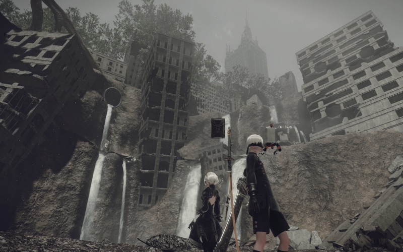 2B (Nier: Automata), dystopic, bound, Nier: Automata, reflection, broken, futuristic, Sun, building, Mystery, sea, flowers, water, ruins, dystopian, mist
