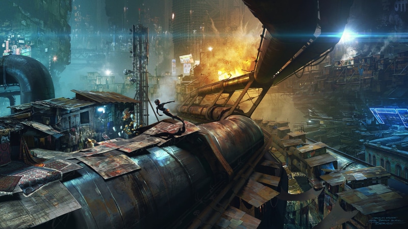 1080P, science fiction, explosion, cityscape, digital art, running, Jonathan Berube, dystopic, futuristic, artwork