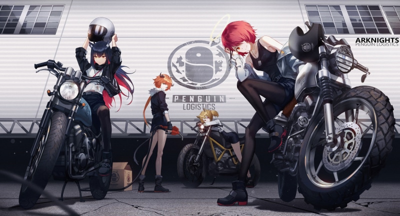 Croissant(Arknights), 5K, Texas (Arknights), Arknights, helmet, warehouse, anime, motorcycle, Exusiai (Arknights), Sora(Arknights)