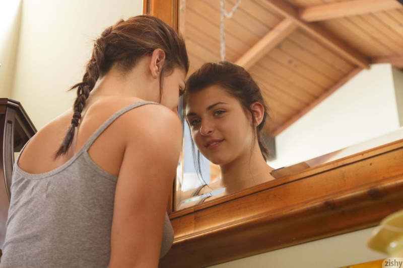 teenager, indoors, tank top, young adult, gray, brunette, reflection, beauty, women, portrait, Braided hair, hairstyle, Leah Gotti, smiling, people, brown hair