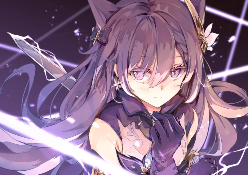 purple hair, purple eyes, animal ears, braids, keqing (genshin impact), 720P, twintails, long hair