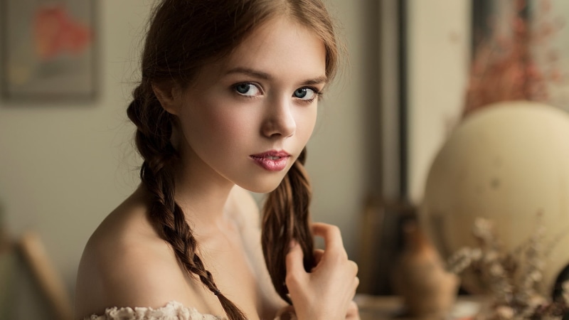Vyacheslav Scherbakov, 1080P, indoors, women indoors, looking at viewer, brunette, depth of field, braids, braided hair, portrait, women, touching hair