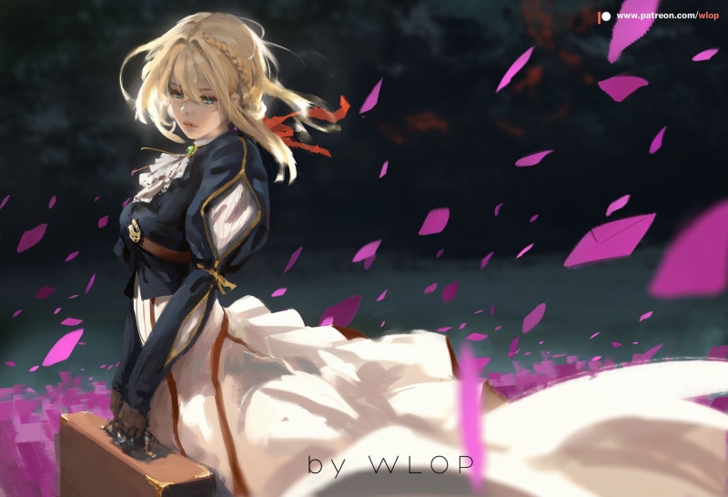 logo, braids, hair, artifacts, water, konachan, long, aqua, eyes, blonde, 260950, com, evergarden, petals, dress, (character), ribbons, watermark, jpeg