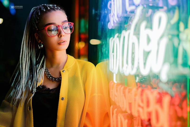 night, necklace, model, portrait, Daria Klepikova, glasses, Braided hair, neon, neon lights, women, jacket, yellow jacket, dyed hair, women outdoors, outdoors