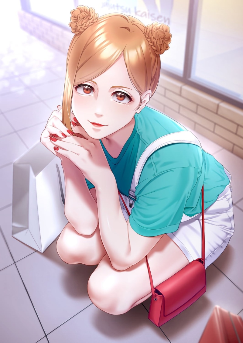 braided hair, curvy, overalls, thighs, vertical, 2D, high angle, holding hands, squatting, looking at viewer, alternate costume, women outdoors, hairbun