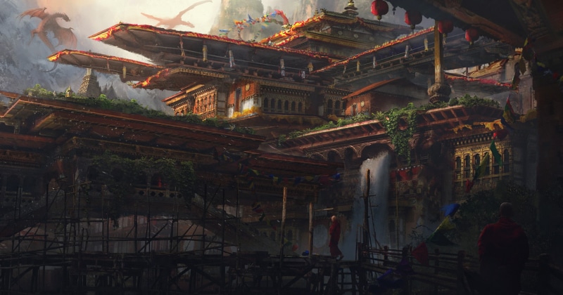 drawing, Eddie Mendoza, artwork, architecture, fantasy art, dragon, monks, concept art, Buddhism, creature, 1080P, digital art, mountains, illustration
