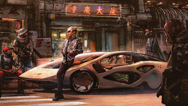 futuristic city, fantasy girl, 3D, Asia, CGI, car, digital art, realistic, fan art, concept art, women, 4K, fantasy art, urban, cityscape, painting, futuristic