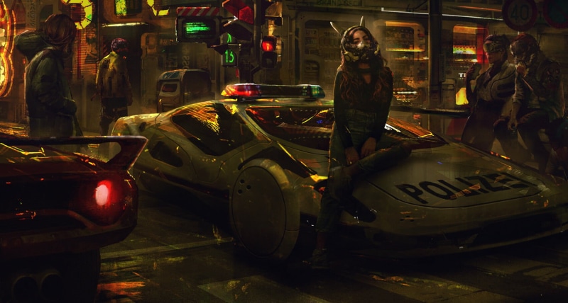 bunny girl, futuristic, cyberpunk, street art, police, Eddie Mendoza, 720P, urban, concept art, cyber, artwork