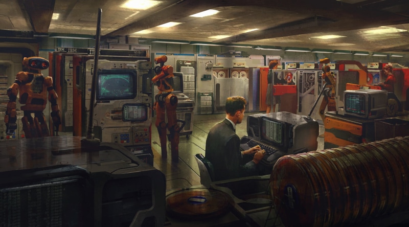 Retro computers, mech, science, robot, artwork, women, technology, Eddie Mendoza, IBM, 720P, Computer screen, computer, men