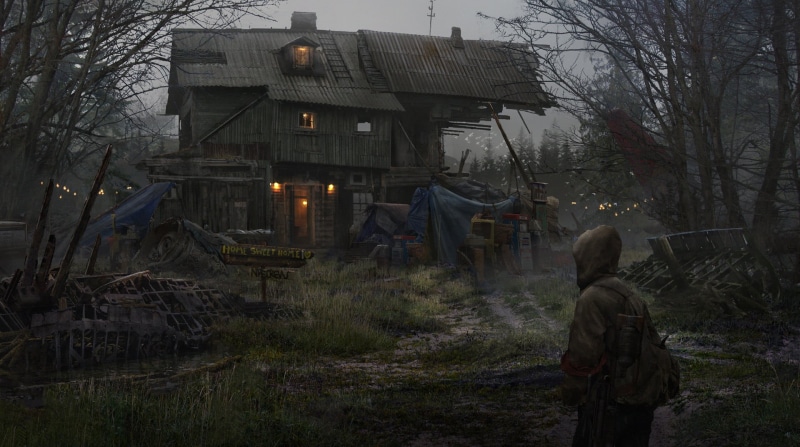 concept art, weapon, 1080P, forest, digital art, Eddie Mendoza, e-mendoza, artwork, wood house