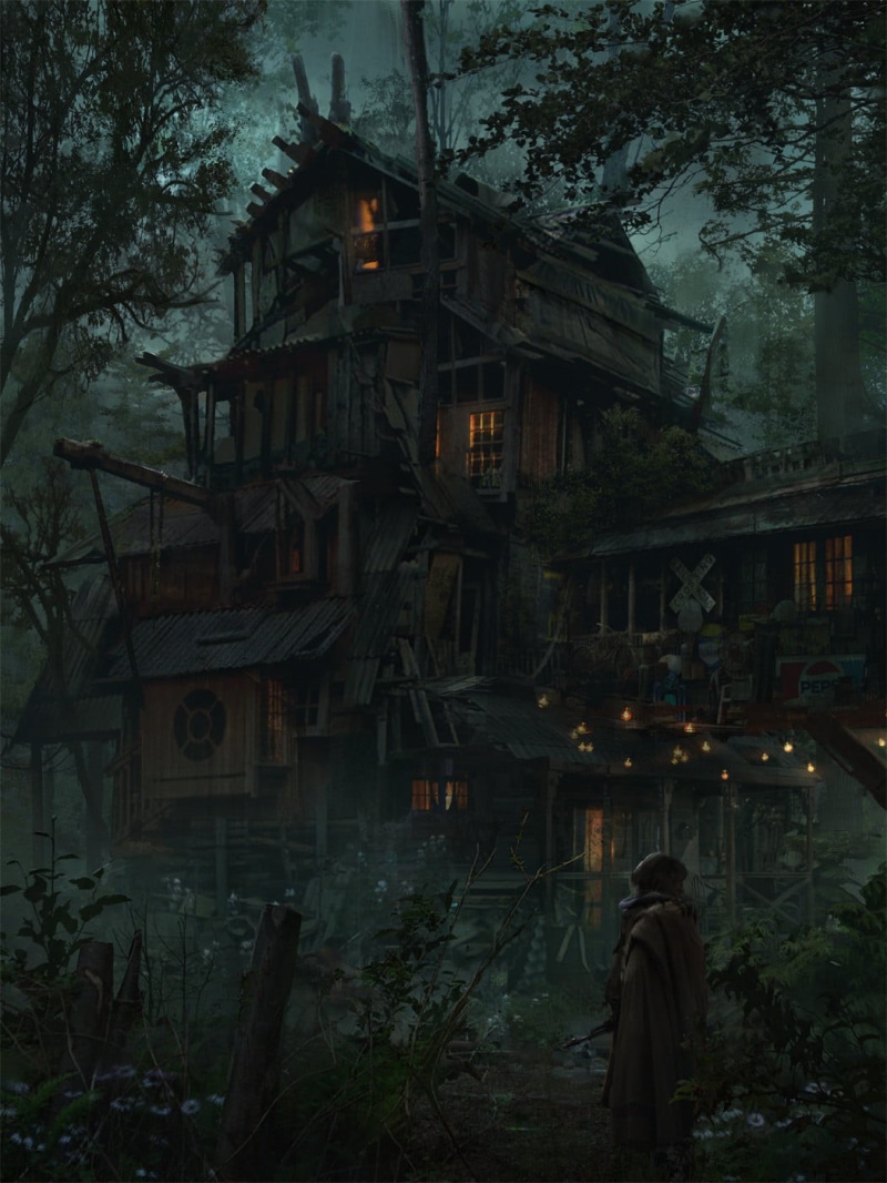 e-mendoza, weapon, wood house, forest, Eddie Mendoza, mist, digital art, 720P, artwork, Pepsi, concept art