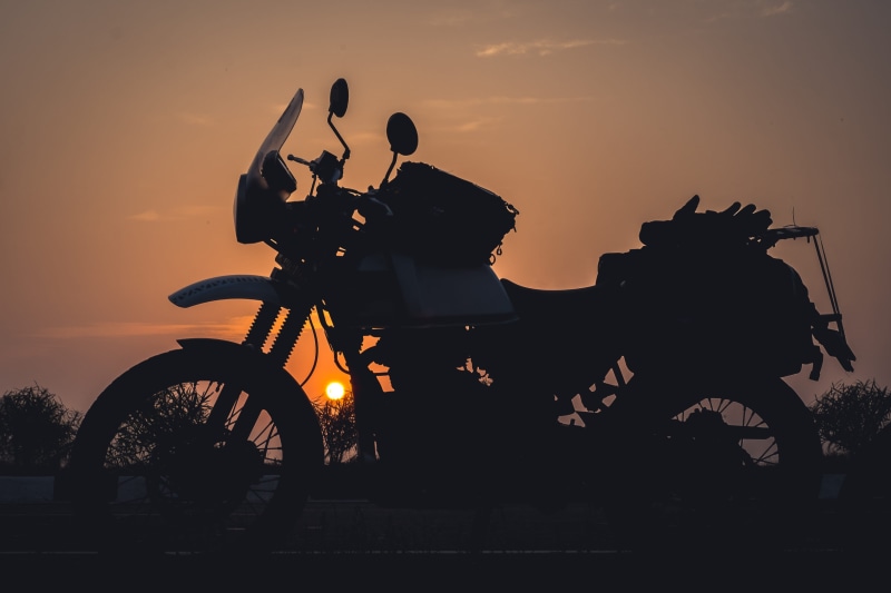 transportation, two people, 4K, mode of transportation, outdoors, men, silhouette, sky, land vehicle, travel, motorcycle, enfield, riding, sunset, royal enfield himalayan
