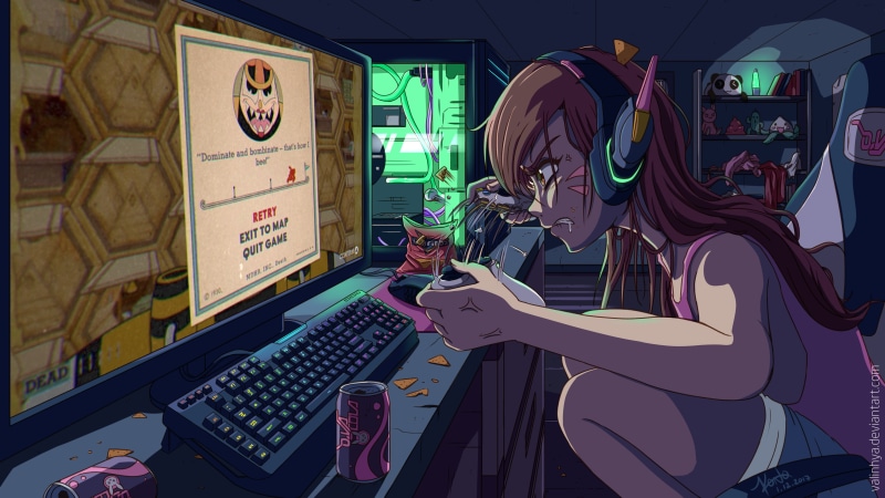 brunette, Overwatch, D.Va (Overwatch), PCMR, angry, PC gaming, controller, 4K, video games, artwork, digital art, Cuphead, RGB