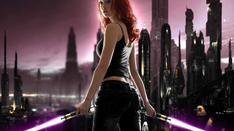 2K, people, standing, night, digital art, real people, Coruscant, urban Scene, purple, women, Summer Glau, casual clothing, built structure, lightsaber