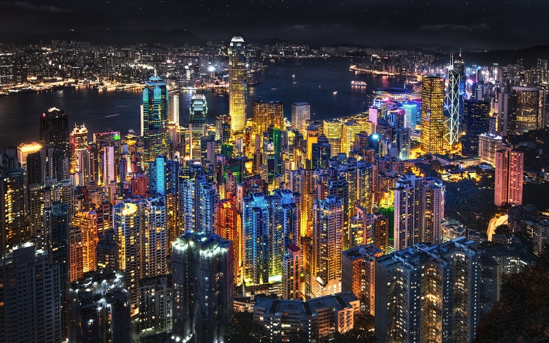financial district, night, hong, city, illuminated, phones, mobile, desktop, lights, built structure, top, travel destinations, crowd, office building exterior