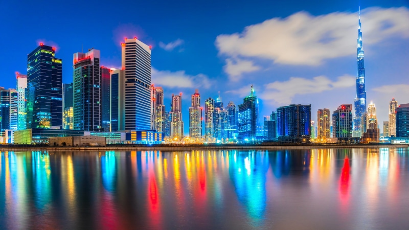 panorama, financial, skyscraper, skyscrapers, river, new, business, urban, lights, evening, 1080P, york, downtown, tower, city, dubai, usa, tourism, buildings