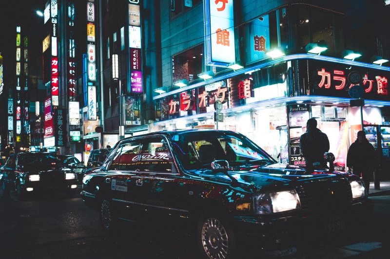 dark, traffic, architecture, black, street, road, buildings, night, city street, city, group of people, illuminated, taxi, turned, people, land vehicle
