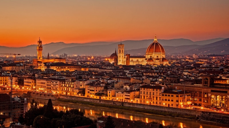 city life, nature, florence - Italy, buildings, urban Skyline, twilight, famous Place, roof, tourism, italy, travel, basilica, campanile - Florence, water