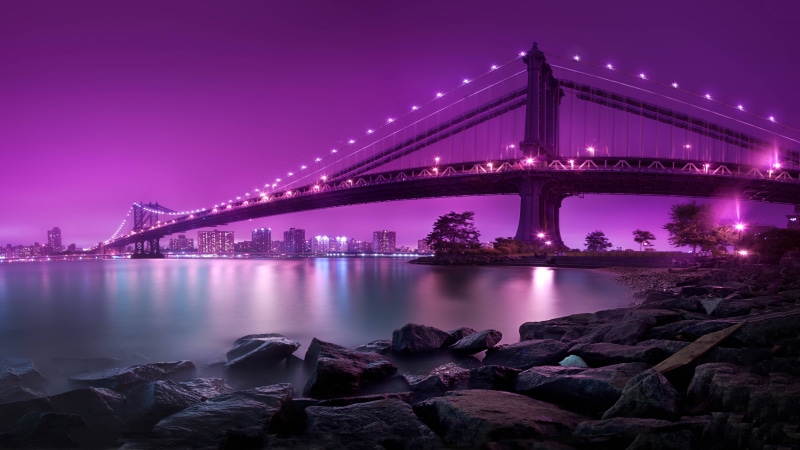 cityscape, 8k, sky, evening, dusk, water, bridge, manhattan bridge, 8K, 8k uhd, purple landscape, city lights, united states, usa, lighting, city, new york city