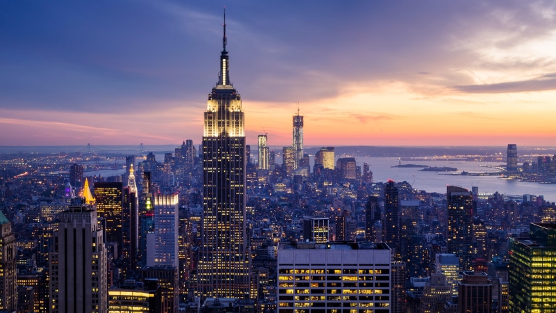 financial district, building, modern, city, architecture, tall - high, building exterior, skyline, 4K, dusk, crowd, sunset, metropolis, empire state building