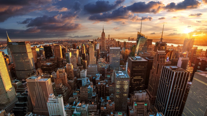 new york, evening, skyline, downtown, building, dusk, sky, city, metropolitan area, new york city, sunset, united states, metropolis, empire state building