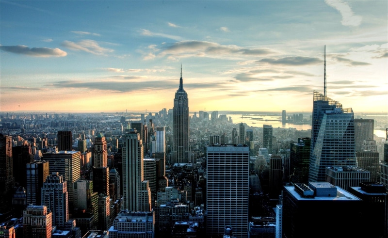spire, urban skyline, sky, office, building exterior, financial district, sunset, crowded, view, built structure, city, usa new york, empire, tall - high