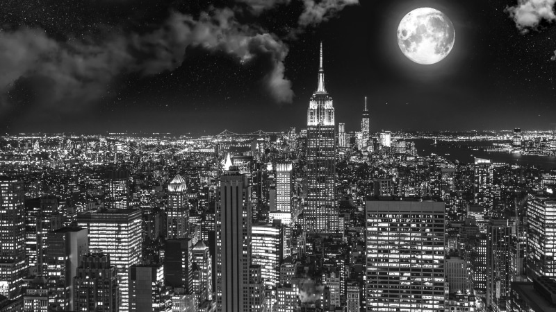 cityscape, landscape, empire state building, skyscraper, architecture, outdoors, full moon, city, night sky, landmark, illuminated, building exterior, new york
