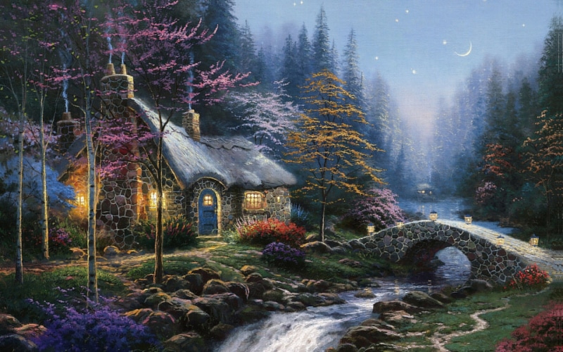 gray, painting, scenics - nature, non-Urban Scene, stream, building, flowing water, fairy Tale, mountain, season, the bridge, mystery, house, twilight
