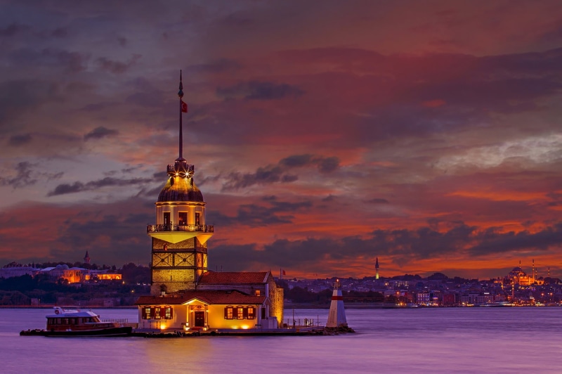 sunset, spire, Leanders Tower, night, travel destinations, Istanbul, outdoors, sky, tourism, dusk, tall - high, water, Hagia Sophia, waterfront, architecture