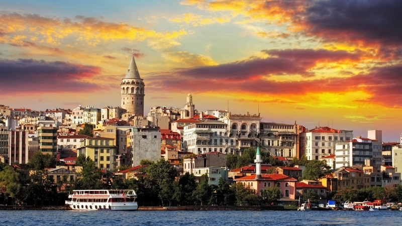 tall - high, religion, Turkey, 1080P, trees, skyscraper, ship, cityscape, galata, mode of transportation, no people, sky, old building, nautical vessel